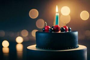 une noir anniversaire gâteau avec une allumé bougie. généré par ai photo