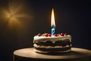 une anniversaire gâteau avec une Célibataire bougie sur Haut. généré par ai photo