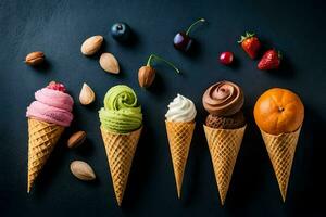 différent les saveurs de la glace crème dans cônes sur une noir Contexte. généré par ai photo