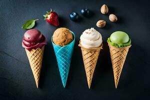 quatre la glace crème cônes avec différent les saveurs. généré par ai photo