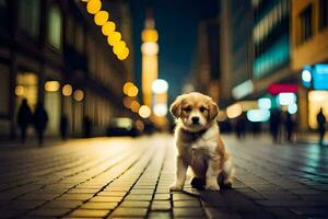 une chien séance sur le sol dans une ville à nuit. généré par ai photo