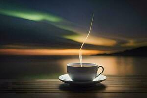 une tasse de café sur une en bois table avec une magnifique aurore dans le Contexte. généré par ai photo