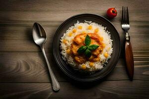 poulet curry avec riz et tomate sauce sur une plaque. généré par ai photo