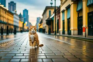 une chat en marchant sur une ville rue à crépuscule. généré par ai photo