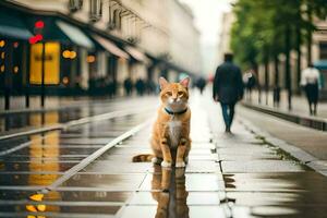 un Orange chat séance sur le trottoir dans le pluie. généré par ai photo