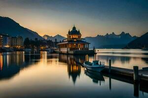 une bateau Dock et une église dans le milieu de une lac. généré par ai photo