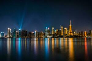 le ville horizon à nuit avec lumières reflétant de le l'eau. généré par ai photo