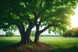 une arbre dans une champ avec herbe et des arbres. généré par ai photo