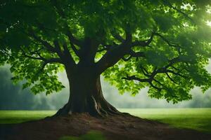 une arbre avec vert feuilles et une vert herbeux champ. généré par ai photo