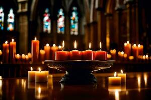 bougies sont allumé dans une église avec bougies. généré par ai photo