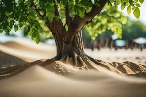 une arbre avec les racines croissance en dehors de le sable. généré par ai photo