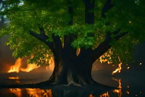 une arbre avec flammes à venir en dehors de il dans le l'eau. généré par ai photo