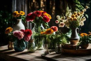 fleurs dans des vases sur une tableau. généré par ai photo