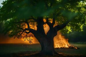 une arbre avec flammes à venir en dehors de il dans le milieu de une champ. généré par ai photo