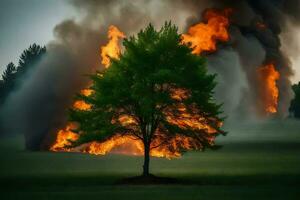 une arbre est brûlant dans le milieu de une champ. généré par ai photo