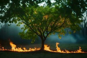 une arbre avec flammes autour il dans le milieu de une champ. généré par ai photo