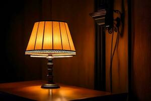 une lampe sur une table dans le sombre. généré par ai photo