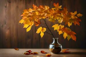 l'automne feuilles dans une vase sur une en bois tableau. généré par ai photo