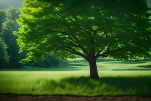 une arbre est permanent dans le milieu de une champ. généré par ai photo