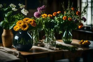 une table avec fleurs et fruit dans vases. généré par ai photo