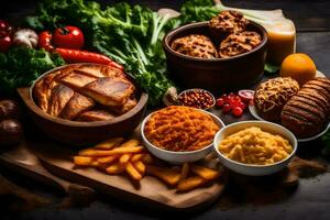 une table avec divers nourriture comprenant pain, patates, des légumes et autre nourriture. généré par ai photo