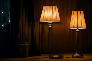 deux les lampes sont sur une table dans de face de une rideau. généré par ai photo