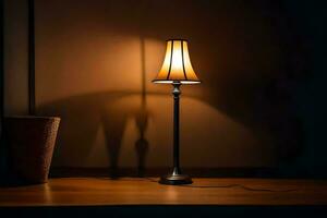 une lampe sur une table dans le sombre. généré par ai photo