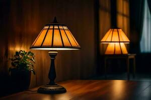 deux les lampes sur une table dans une foncé chambre. généré par ai photo