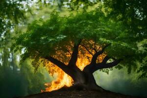 une arbre avec flammes à venir en dehors de il. généré par ai photo