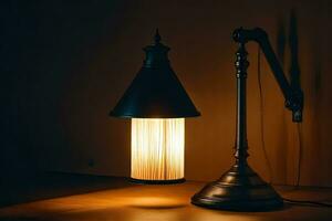 une lampe avec une noir ombre et une lampe sur une tableau. généré par ai photo