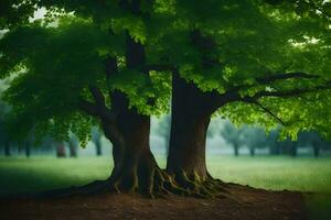 deux des arbres dans le milieu de une champ. généré par ai photo