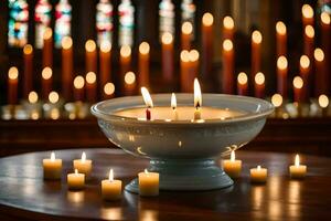 une blanc bol avec bougies sur une table dans de face de une église. généré par ai photo