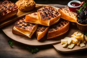 une en bois Coupe planche avec fromage, pain et autre aliments. généré par ai photo