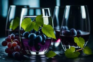 les raisins et du vin dans des lunettes sur une foncé Contexte. généré par ai photo