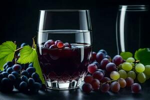 une verre de du vin et les raisins sur une noir Contexte. généré par ai photo