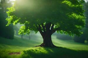 photo fond d'écran le ciel, des arbres, herbe, soleil, vert, arbre, lumière du soleil, vert,. généré par ai