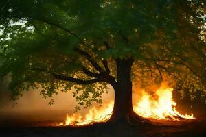 une arbre avec flammes à venir en dehors de il. généré par ai photo