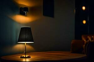 une lampe sur une table dans une foncé chambre. généré par ai photo