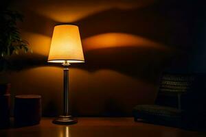 une lampe sur une table dans de face de une chaise. généré par ai photo