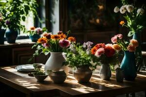 fleurs dans des vases sur une table dans une chambre. généré par ai photo