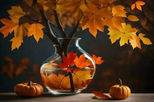 l'automne feuilles dans une vase avec citrouilles. généré par ai photo