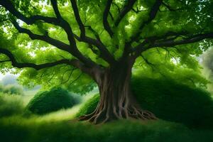 une grand arbre dans le milieu de une vert champ. généré par ai photo