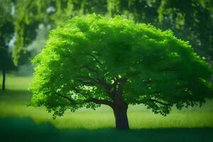 une arbre dans une vert champ avec une vert Contexte. généré par ai photo