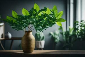 une vase avec vert feuilles sur une tableau. généré par ai photo