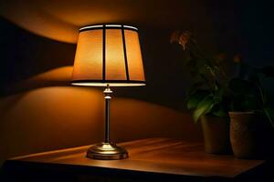 une lampe sur une table dans le sombre. généré par ai photo