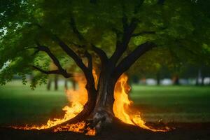 une arbre avec flammes à venir en dehors de il. généré par ai photo