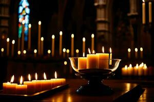 bougies dans une église avec bougies allumé. généré par ai photo