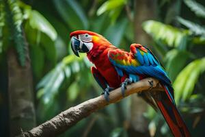 une coloré perroquet est assis sur une branche dans le jungle. généré par ai photo