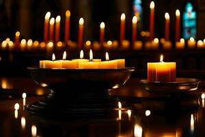 bougies sont allumé dans une église avec bougies dans le Contexte. généré par ai photo