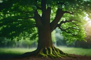 une grand arbre avec les racines dans le herbe. généré par ai photo